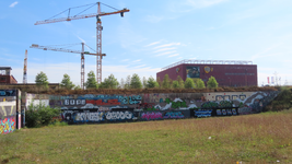 850596 Gezicht op een muur met graffitikunstwerken op de jongerenplek Teen Spot ('De Kuil van Leidsche Rijn'), onder ...